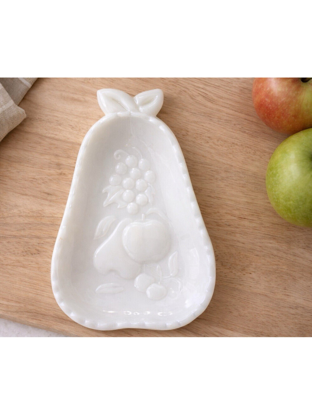Vintage White Milk Glass Pear Shaped Relish Dish Fruit Motif Serving Tray